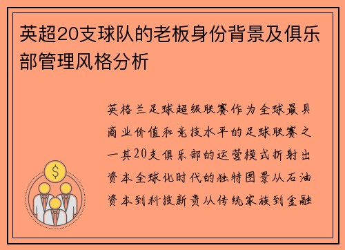 英超20支球队的老板身份背景及俱乐部管理风格分析